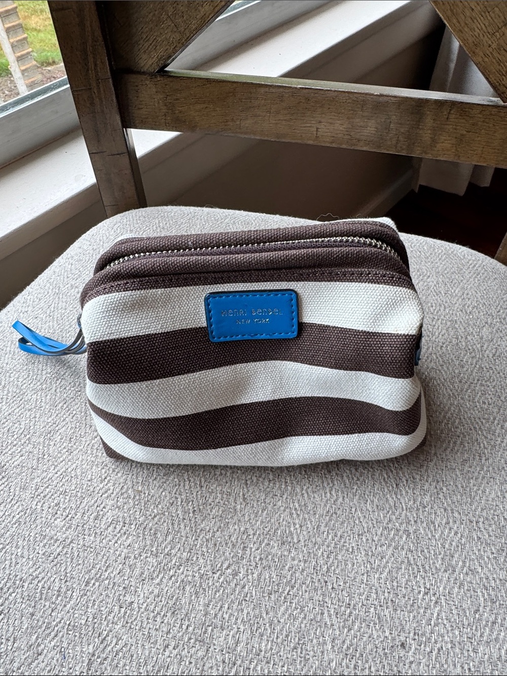 Henry Bendel Striped Brown and White Canvas Travel Pouch with Blue Vinyl